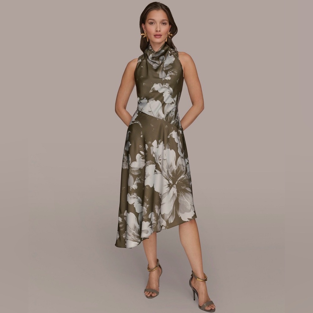 NWT Donna Karan Women's Satin High-Low Dress. Size 8. Antique Green